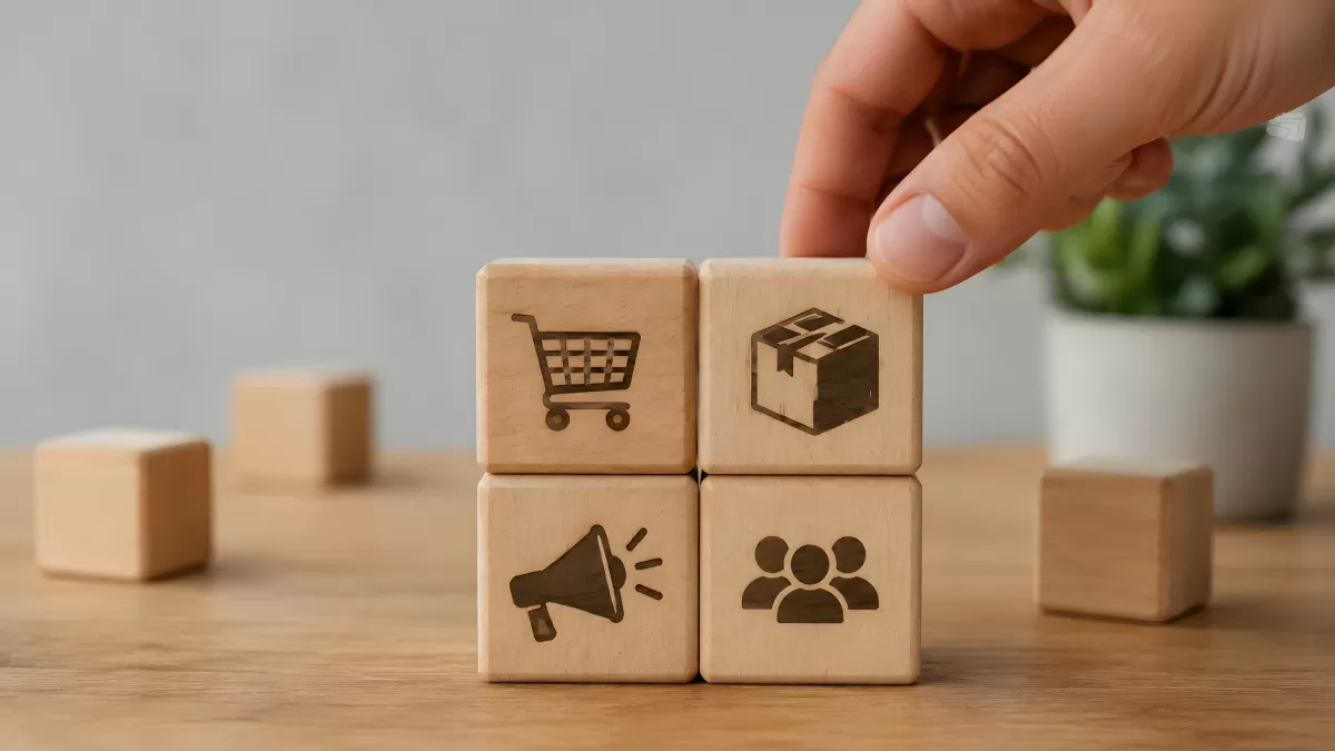 Holzwürfel mit E-Commerce-Symbolen auf Holztisch