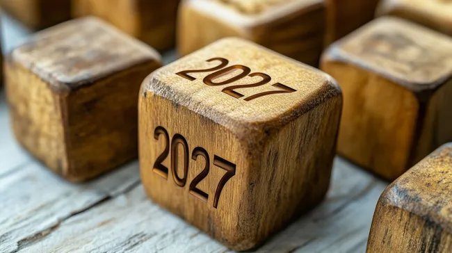 Holzwürfel mit Jahreszahl 2027 auf Holztisch