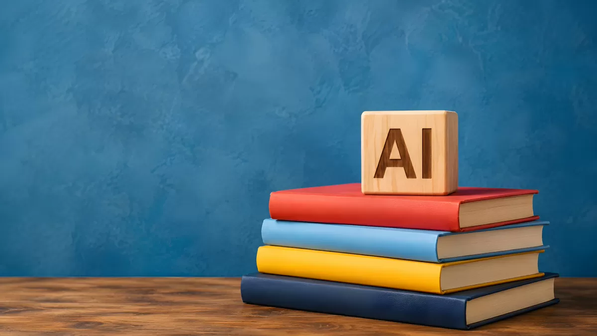 Holzwürfel mit KI-Aufschrift auf bunten Büchern