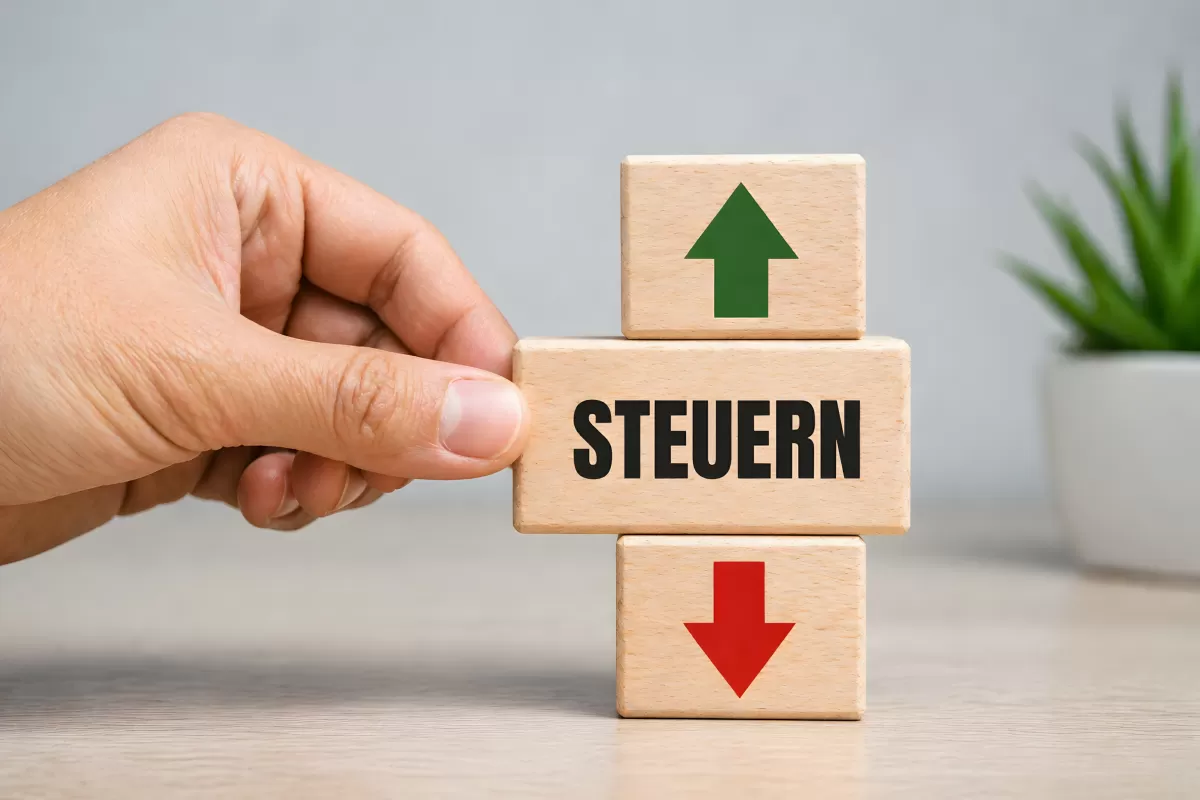 Holzwürfel mit Steuern-Aufschrift und Pfeilen