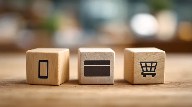 Holzwürfel mit Symbolen für Onlineshopping