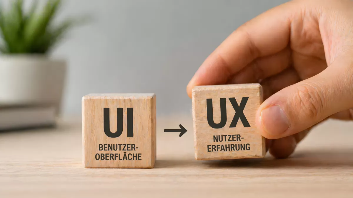 Holzwürfel mit UI und UX Begriffen auf Deutsch