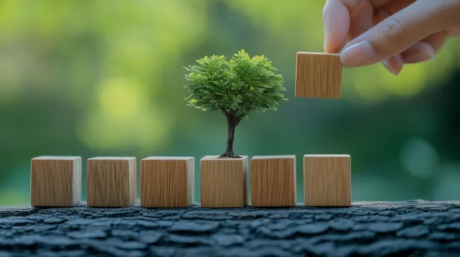Holzwürfel und Minibaum auf Steinoberfläche