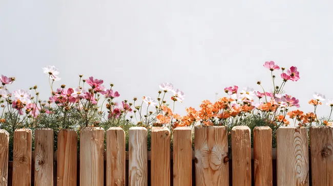 Holzzaun mit blühenden Blumen vor sommerlichem Himmel