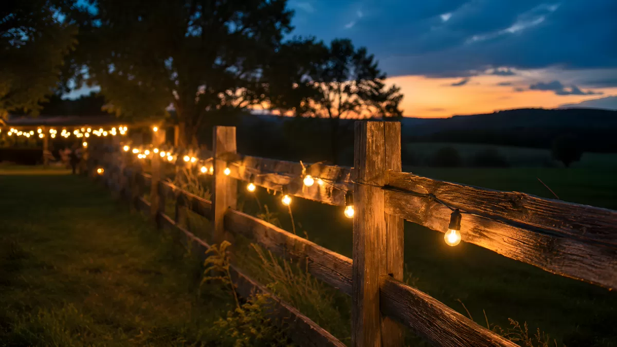 Holzzaun mit Lichterkette bei Sonnenuntergang auf dem Land