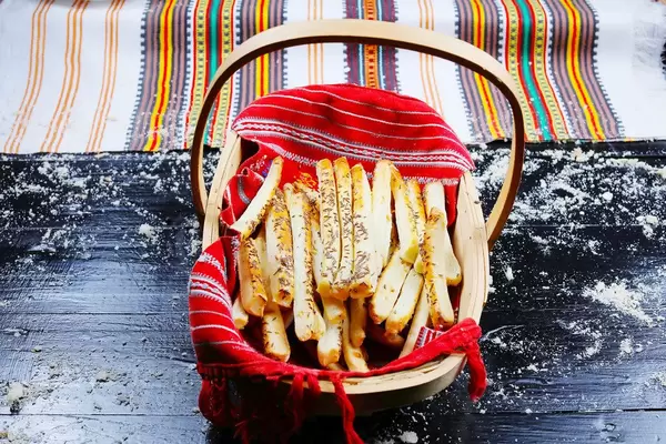 Homemade cheese crackers in a basket