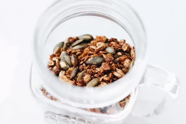Homemade granola in a jar. Healthy food.