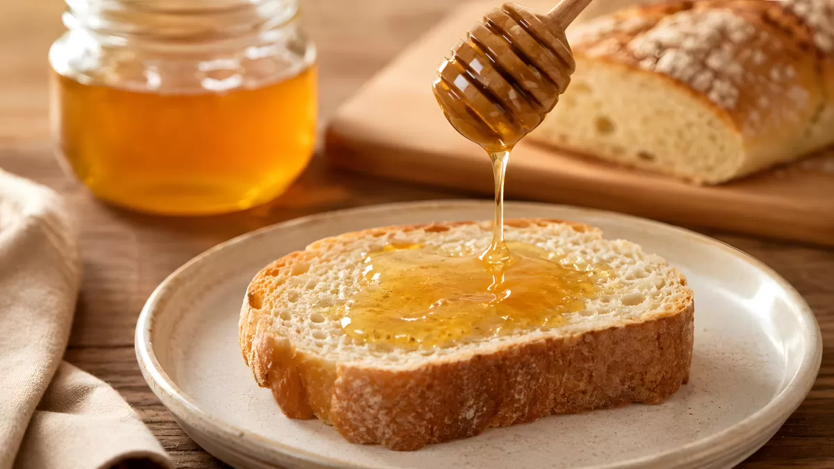 Honig läuft von Holzlöffel auf frisches Brot