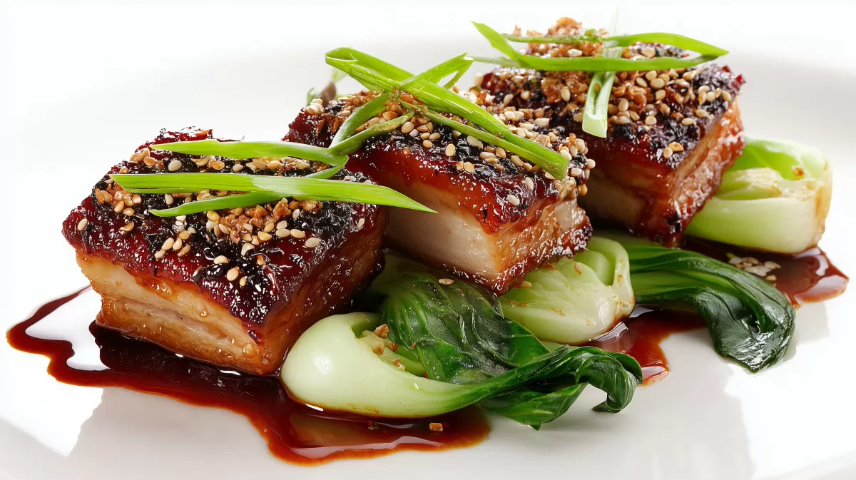 Honig Sriracha Schweinebauch mit Sesam und Pak Choi