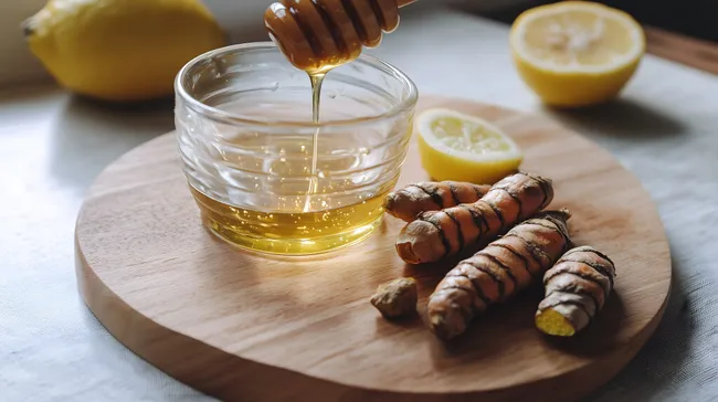 Honig über goldener Kurkuma und Zitrone