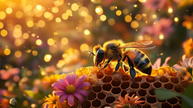 Honigbiene auf Bienenstock mit bunten Blüten