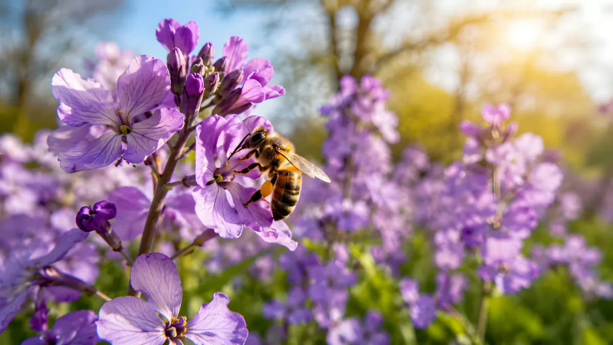 Honigbiene sammelt Nektar an lila Blüten im Frühling