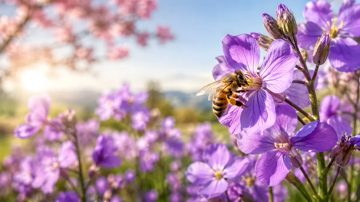 Honigbiene sammelt Nektar an lila Wiesenblumen