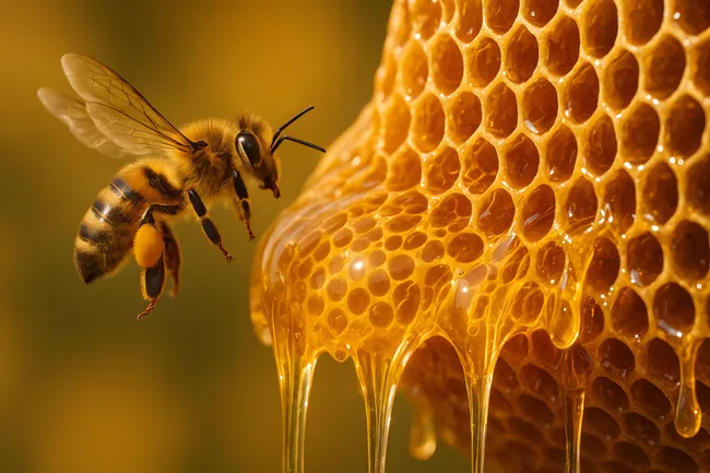 Honigbiene sammelt Nektar aus goldener Wabe