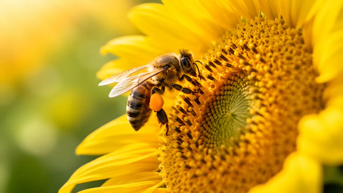 Honigbiene sammelt Pollen an leuchtender Sonnenblume