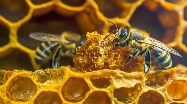Honigbienen auf goldener Honigwabe