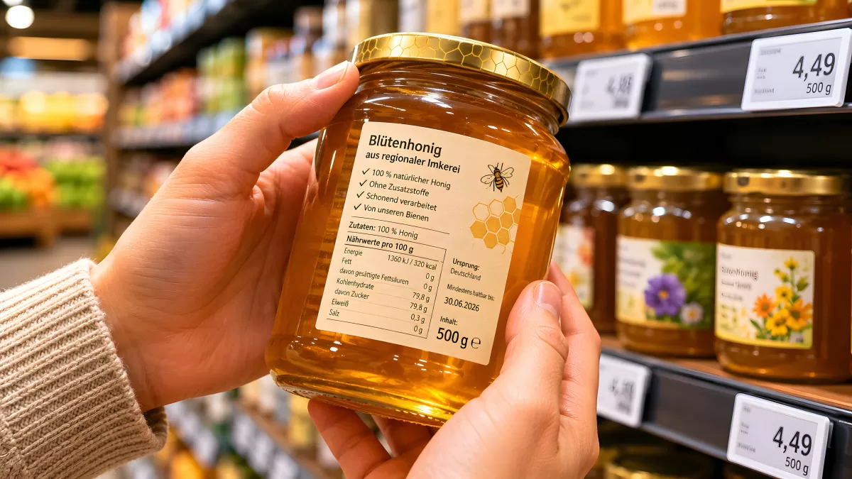 Honigglas mit deutschem Blütenhonig im Supermarkt