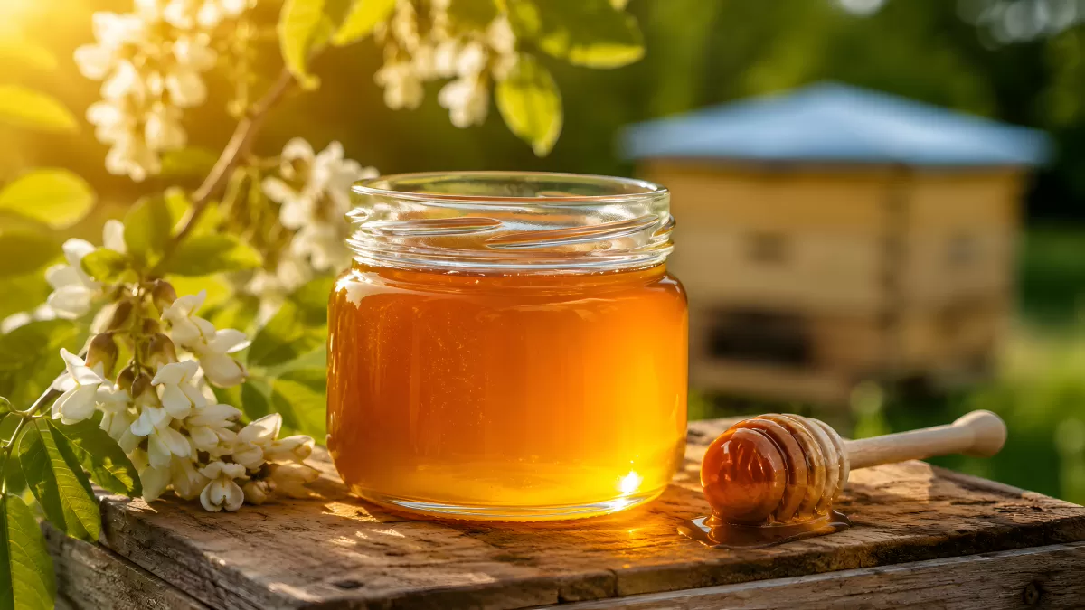 Honigglas mit Holzlöffel und Akazienblüten im Freien