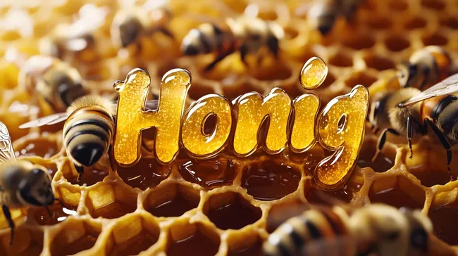 Honigwabe mit goldenem Honig und Bienen