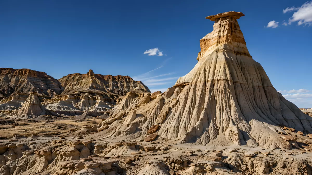 Hoodoo-Felsformation in der Wüste unter blauem Himmel