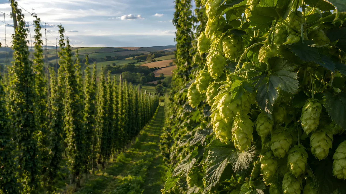 Hopfenplantage mit reifen Dolden im Abendlicht
