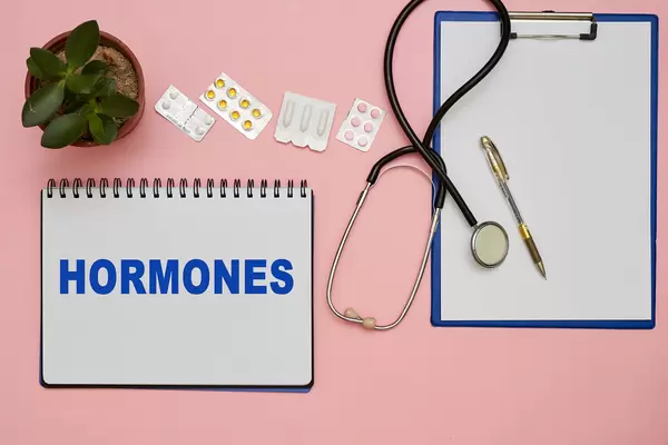 Hormonal pills on doctors workspace