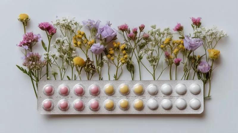 Hormonpillen mit Blumenarrangement auf weißem Hintergrund