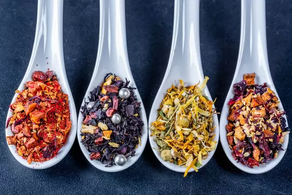 Hot pepper tea, chamomile tea and dried fruit teas