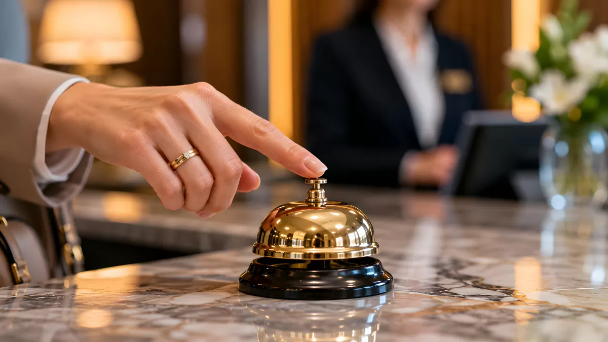 Hotelrezeption mit goldener Serviceglocke auf Marmor