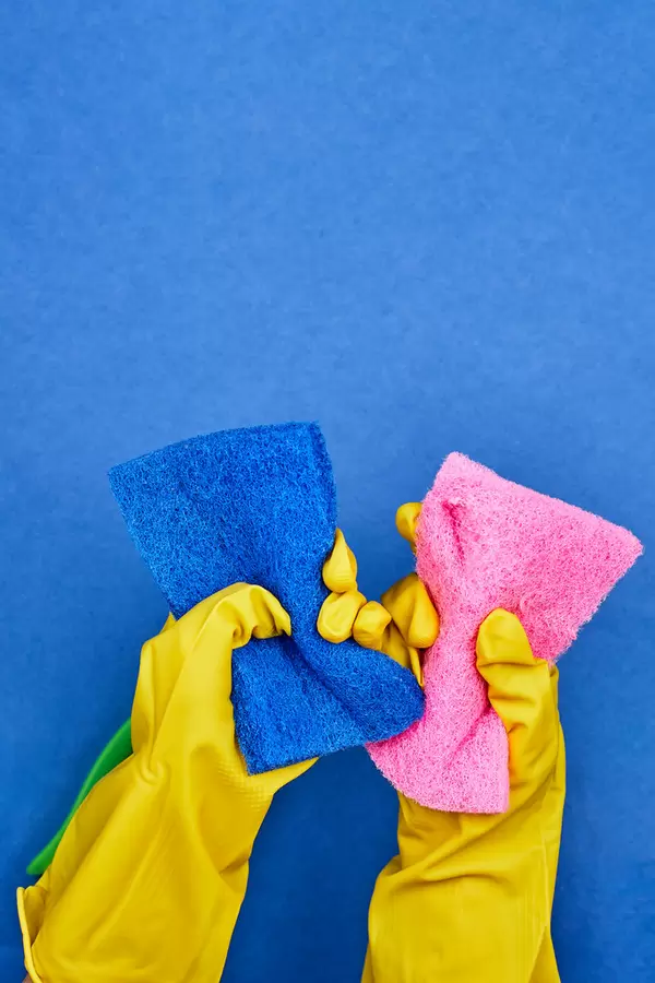 Housemaid in yellow rubber gloves holds cleaning sponges
