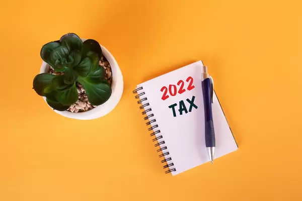 Houseplant and notebook with 2022 Tax text on yellow background