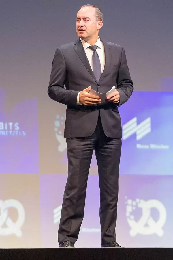 Hubert Aiwanger, Bavarian state minister of economic affairs, regional development and energy talks on stage at a German founders event in Munich