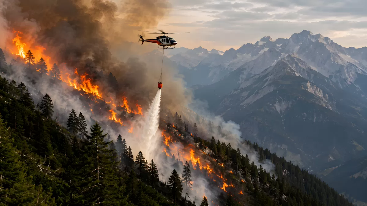 Hubschrauber bekämpft Waldbrand in alpiner Berglandschaft