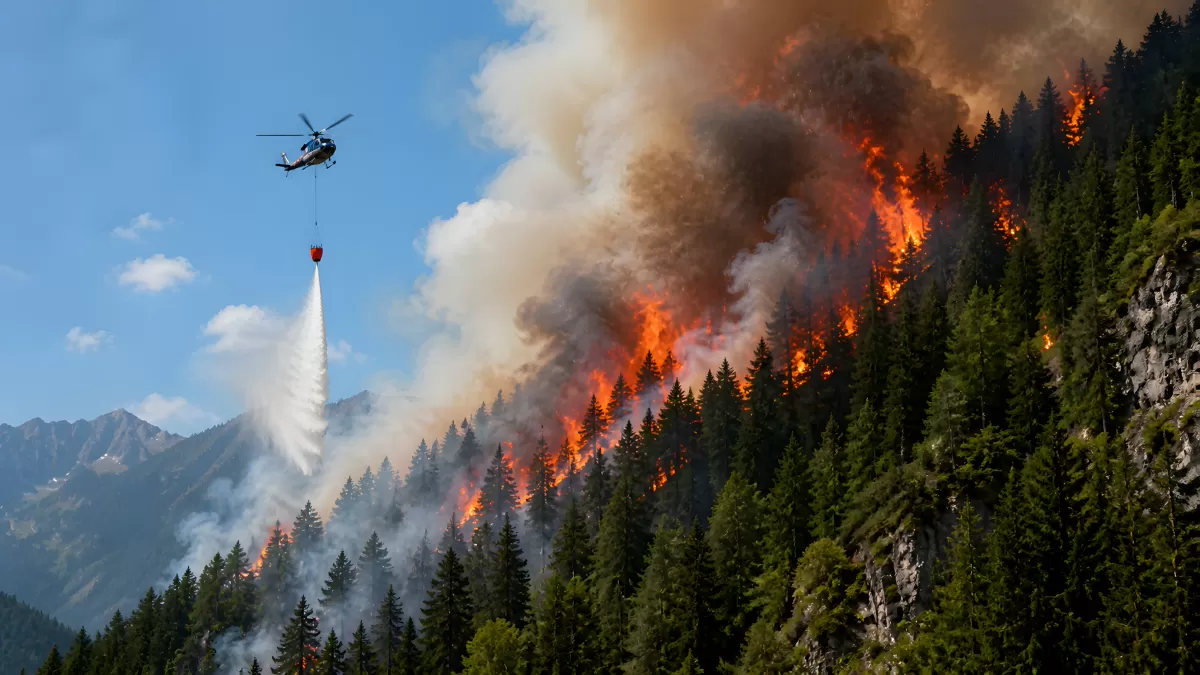 Hubschrauber bekämpft Waldbrand in Berglandschaft