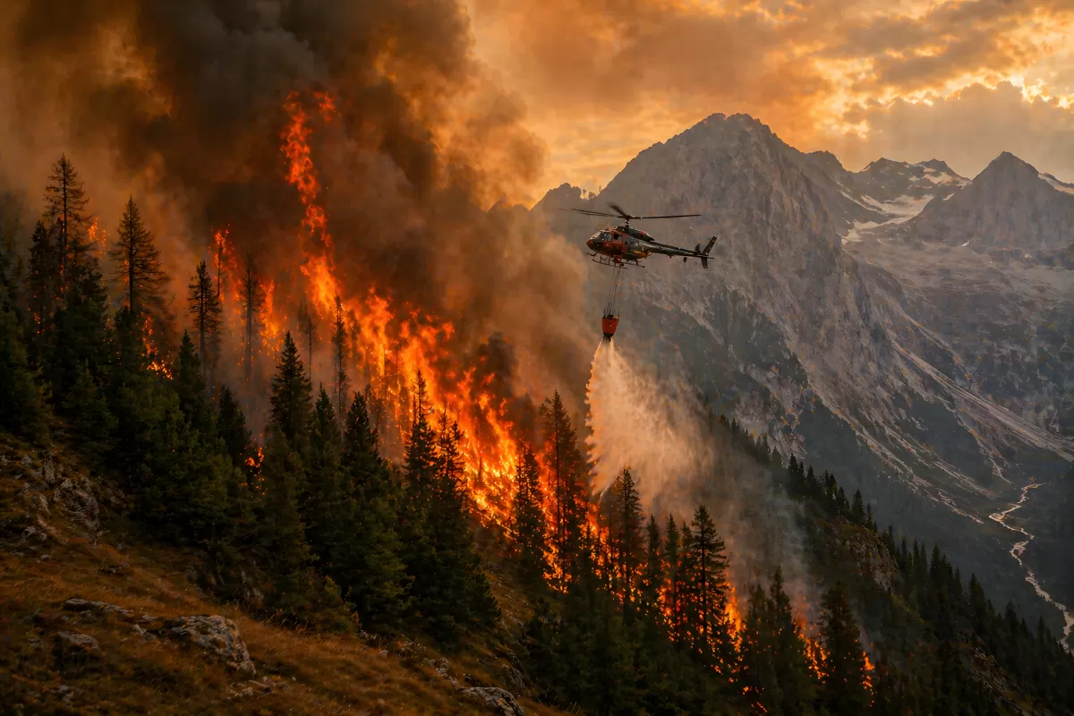 Hubschrauber bekämpft Waldbrand in den österreichischen Alpen
