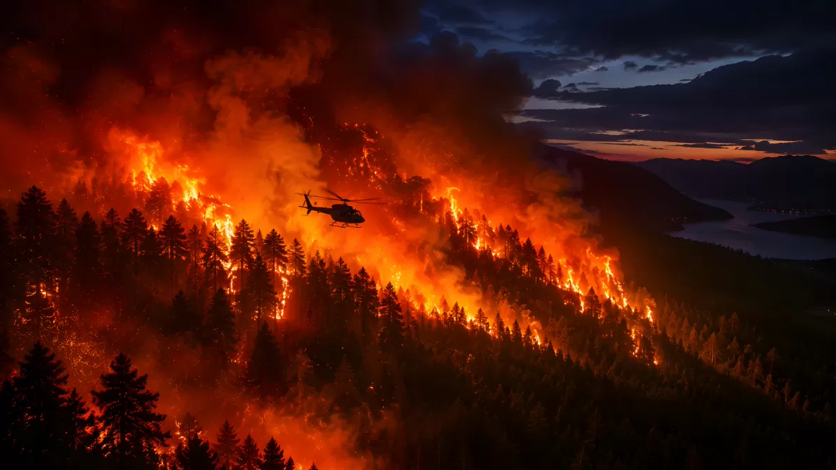 Hubschrauber im Einsatz bei massivem Waldbrand bei Nacht
