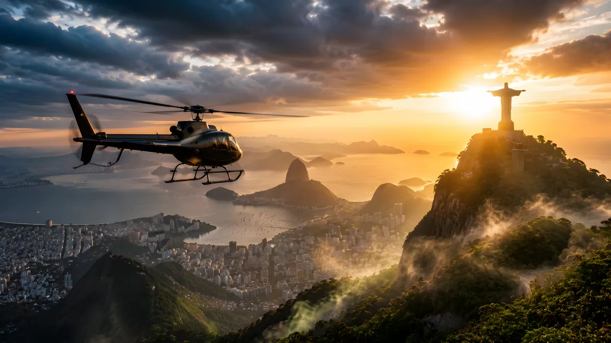 Hubschrauber über Rio de Janeiro bei Sonnenuntergang