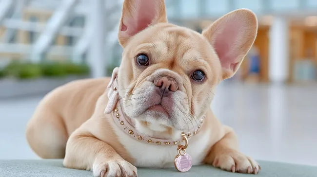 Hübscher Französischer Bulldoggen-Welpe mit Schmuckhalskette