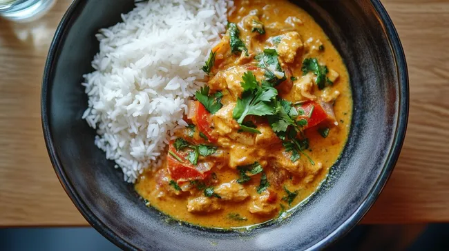 Hühnchen Curry mit Reis auf dunkelm Teller