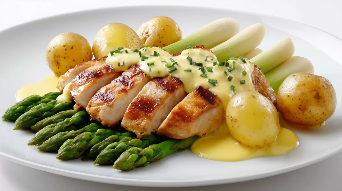 Hühnchenbrust mit Spargel, Kartoffeln und Sauce