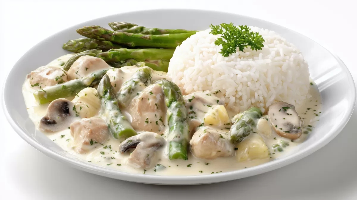 Hühnchenfrikassee mit Reis food und grünem Spargel
