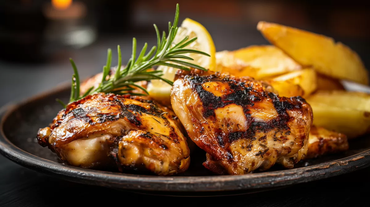 Hühnchenschenkel vom Grill food mit Kartoffeln