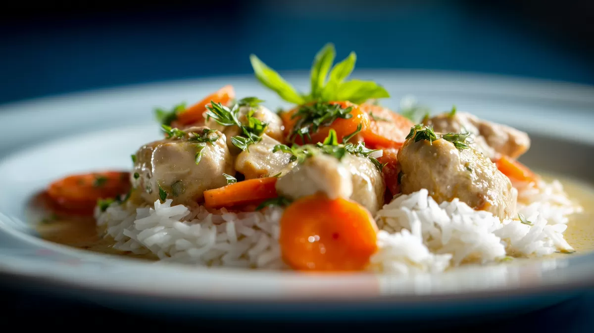 Hühnerfrikassee mit asiatischer Note und Reis