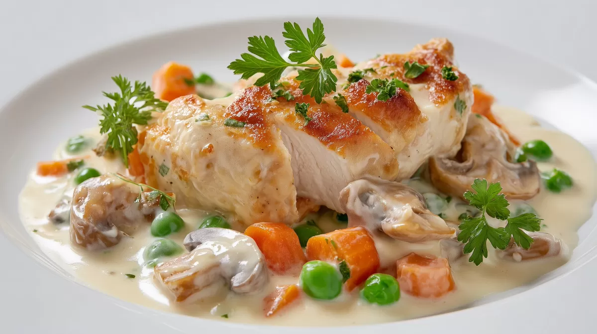 Hühnerfrikassee mit Gemüse in cremiger Weißweinsauce