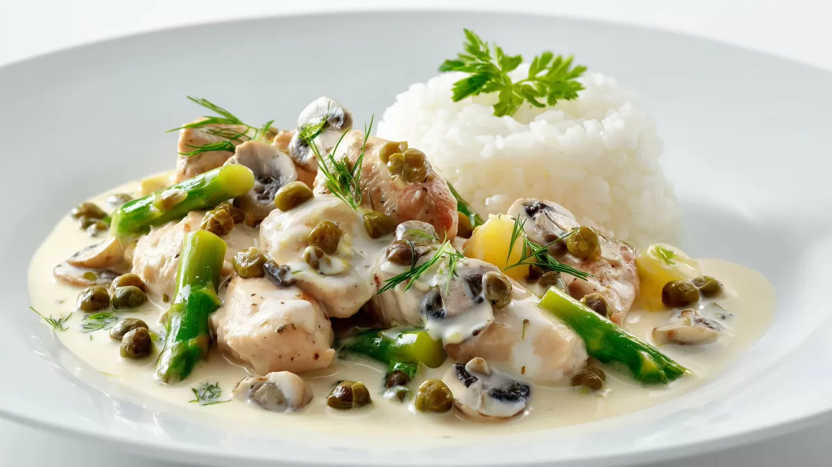 Hühnerfrikassee mit Spargel, Pilzen und Reis