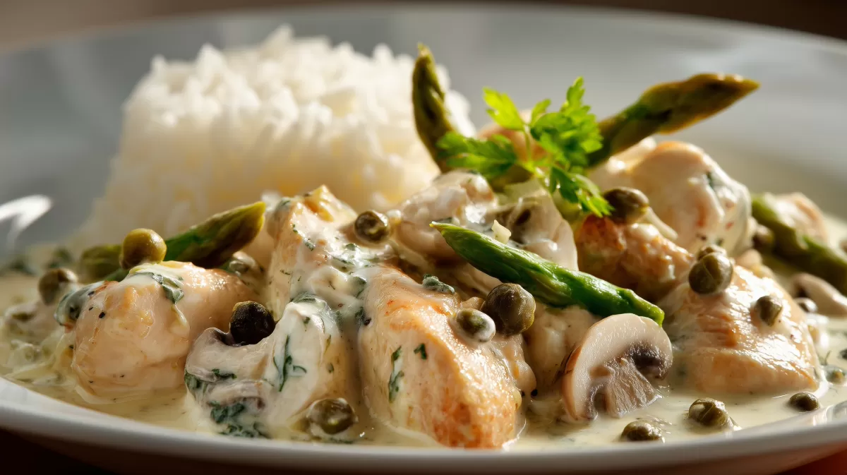 Hühnerfrikassee mit Spargel und Reis angerichtet