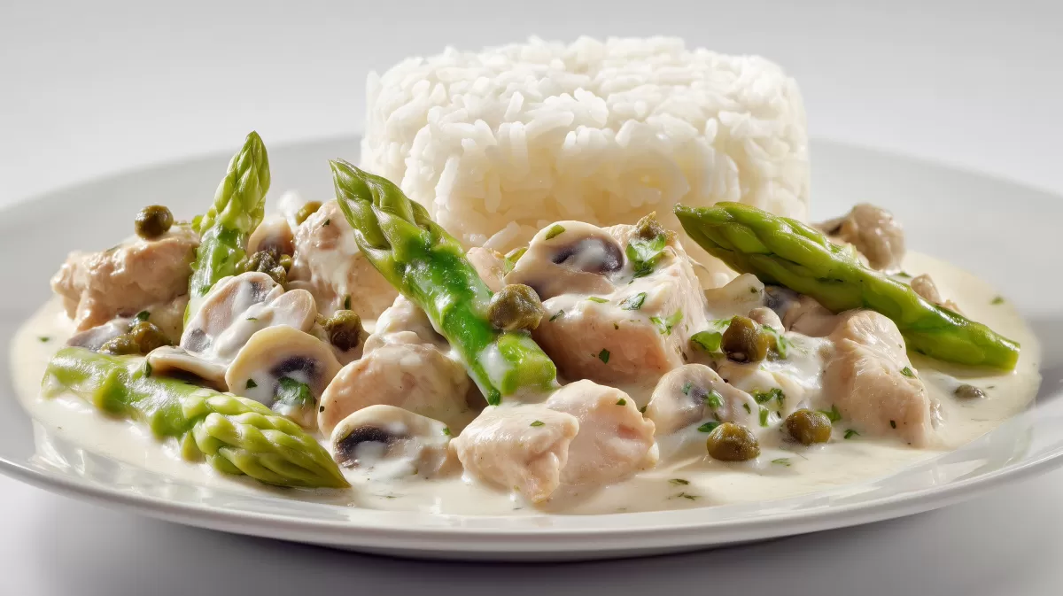 Hühnerfrikassee mit Spargel und Reis auf Teller