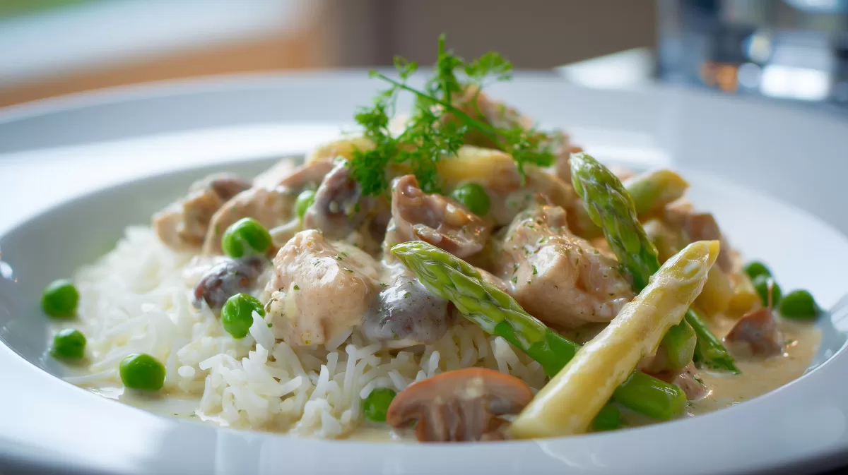 Hühnerfrikassee Ragout mit Spargel und Pilzen auf Reis