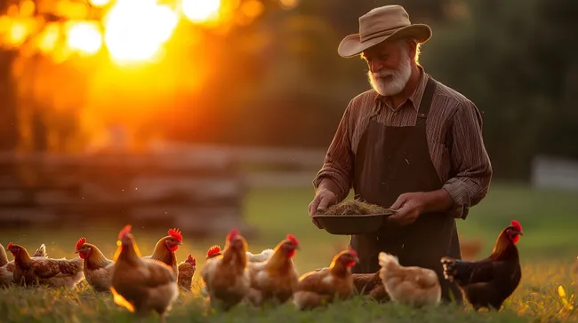 Hühnerfütterung bei goldenem Sonnenuntergang auf dem Bauernhof