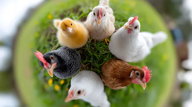 Hühnergruppe in idyllischer Umgebung aus Vogelperspektive